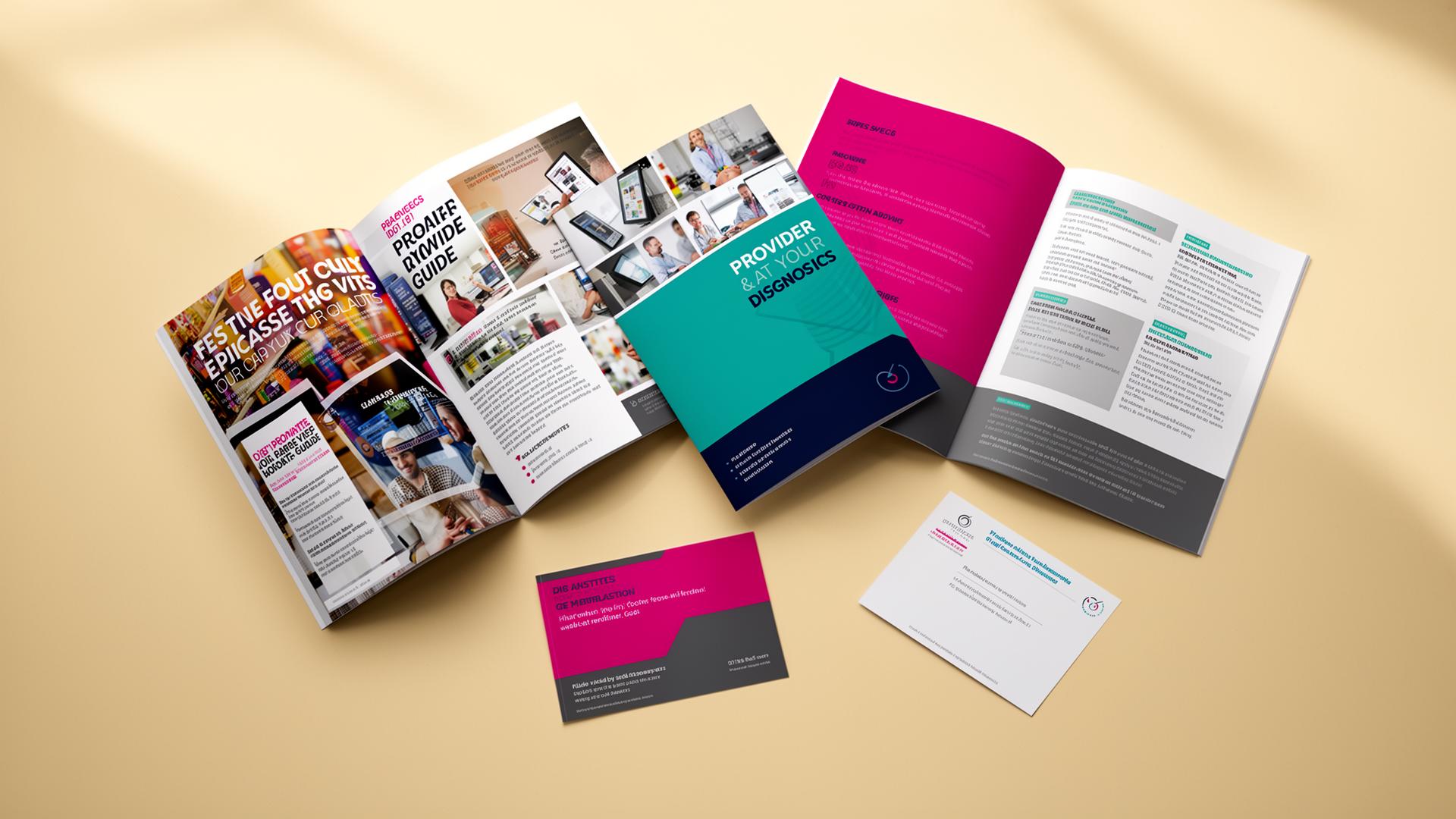 Saddle-stitched provider guide, tri-fold patient brochure, sample diagnostic report, index card, and branded mailer envelope printed by Digital Print Lab
